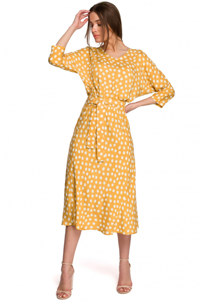 Sukienka Midi - W Grochy Fason A - żółta